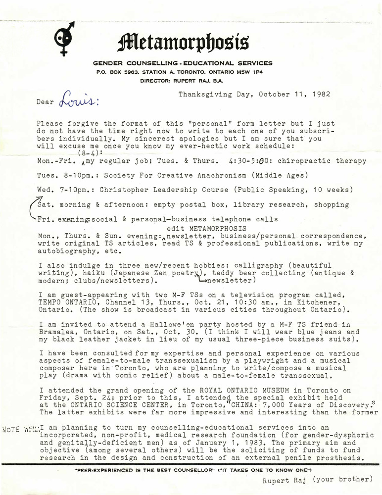 Download the full-sized PDF of Correspondence from Rupert Raj to Lou Sullivan (October 11, 1982)