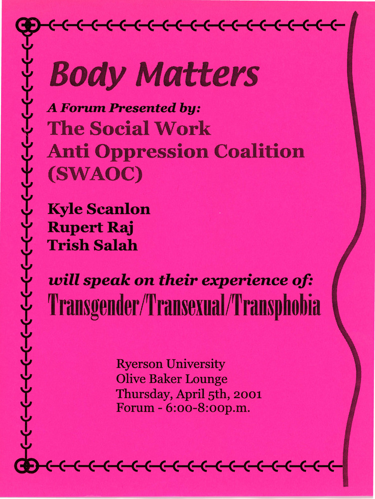 Download the full-sized PDF of Flyer for Forum "Body Matters" hosted by The Social Work Anti Oppression Coalition (SWAOC)