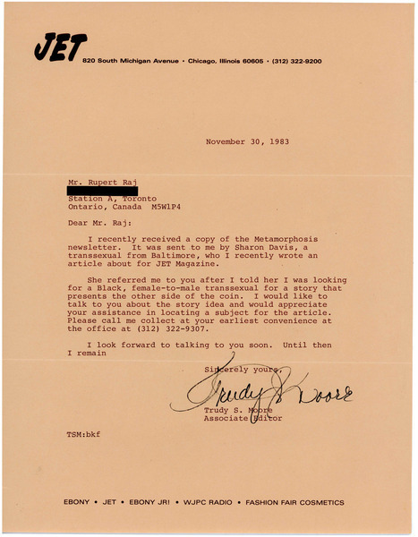 Download the full-sized image of Letter from Trudy S. Moore to Rupert Raj (November 30, 1983)