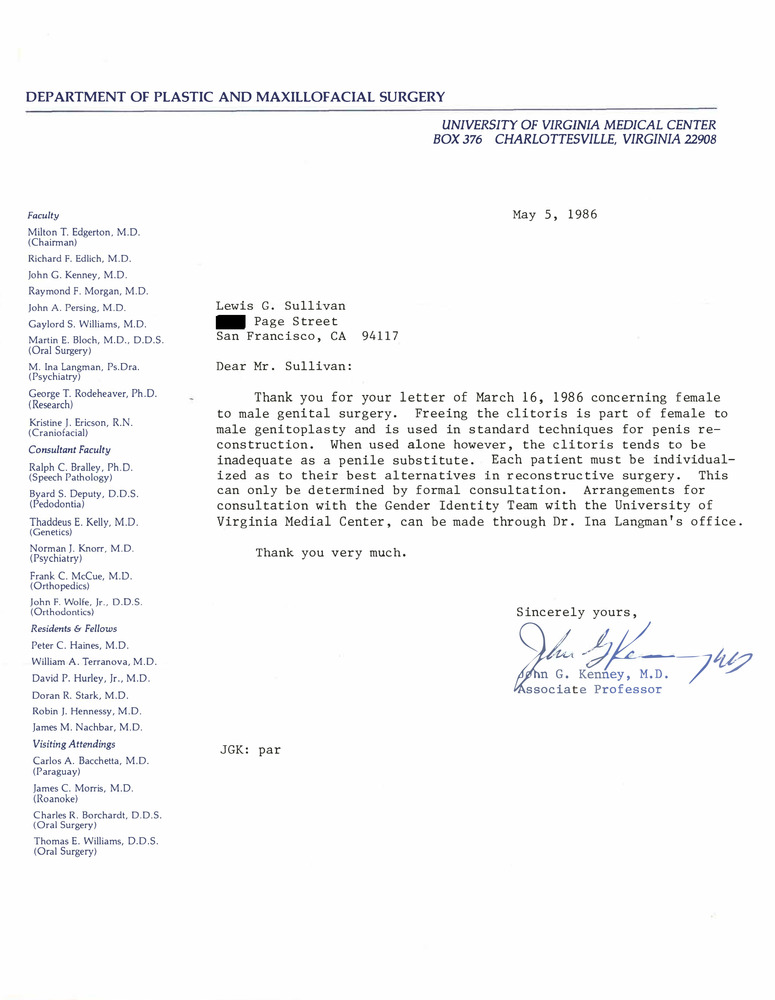 Download the full-sized PDF of Correspondence from John Kenney to Lou Sullivan (May 5, 1986)