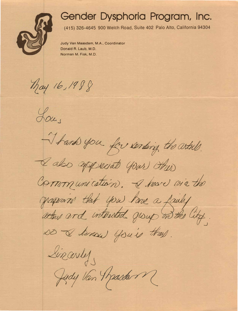 Download the full-sized PDF of Correspondence from Judy Van Maasdam to Lou Sullivan (May 16, 1988)