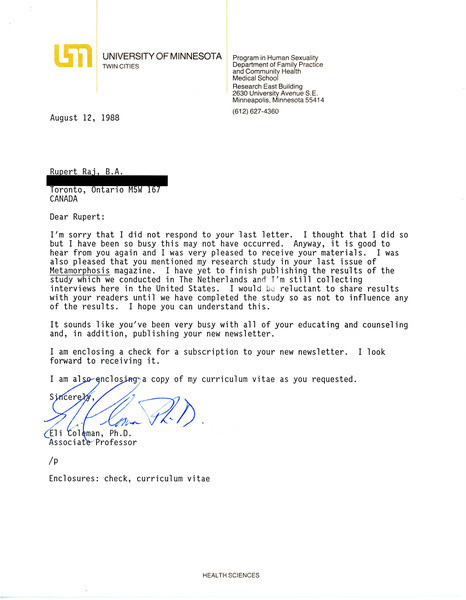 Download the full-sized image of Letter from Dr. Eli Coleman to Rupert Raj (August 12, 1988)
