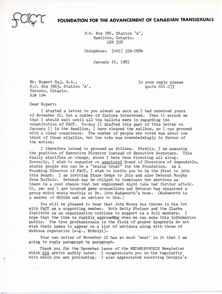 Download the full-sized image of Letter from Susan Huxford to Rupert Raj (January 10, 1983)