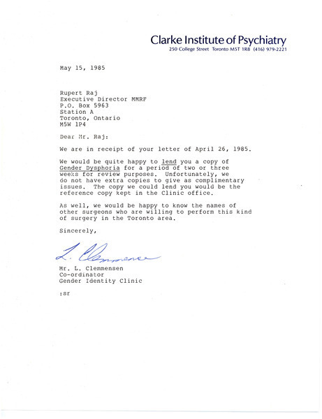 Download the full-sized image of Letter from L. Clemmensen to Rupert Raj (May 15, 1985)