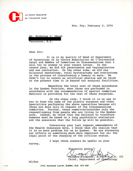 Download the full-sized image of Letter from Diogene Cloutier to Rupert Raj (February 2, 1976)
