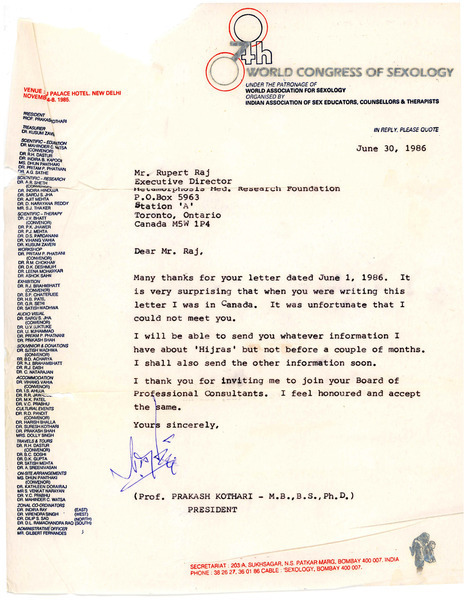Download the full-sized image of Letter from Prakash Kothari to Rupert Raj (June 30, 1986)