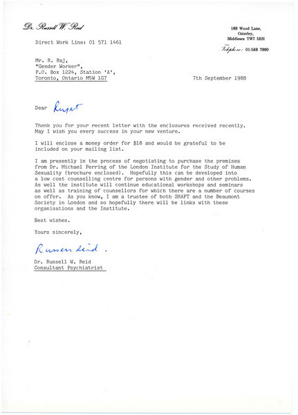 Download the full-sized image of Letter from Russel W. Reid to Rupert Raj (September 7, 1988)