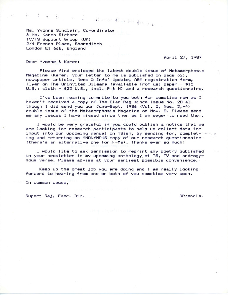 Download the full-sized PDF of Letter from Rupert Raj to Yvonne Sinclair and Karen Richard (April 27, 1987)