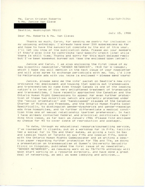 Download the full-sized image of Letter from Rupert Raj to Caryn Roberts and Janice Van Cleve (July 15, 1988)