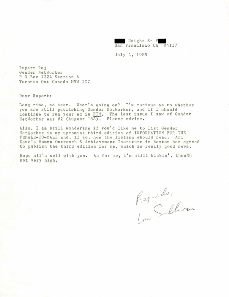 Download the full-sized PDF of Correspondence from Lou Sullivan to Rupert Raj (July 4, 1989)