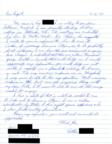 Download the full-sized image of Letter from Lori to Rupert Raj (June 16, 1989)