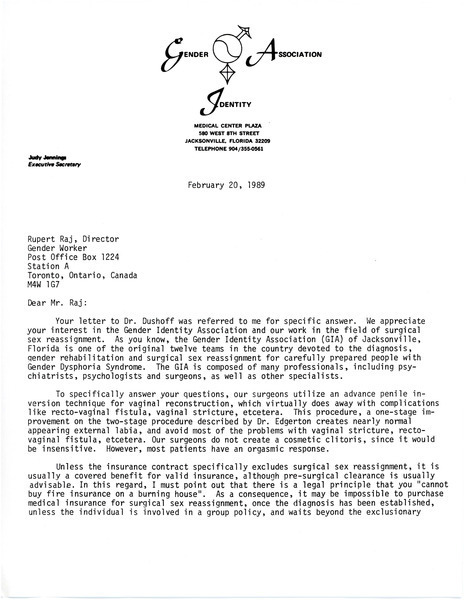 Download the full-sized image of Letter to Rupert Raj from Judy Jennings (February 20, 1989)