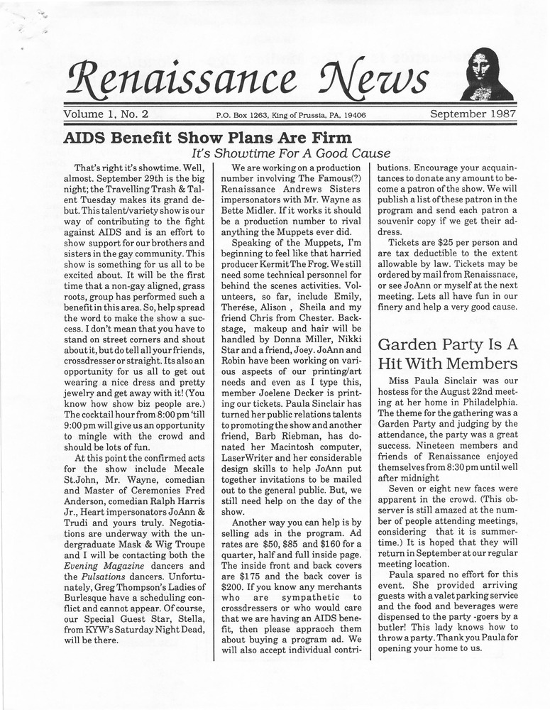 Download the full-sized PDF of Renaissance News, Vol. 1 No. 2 (September 1987)