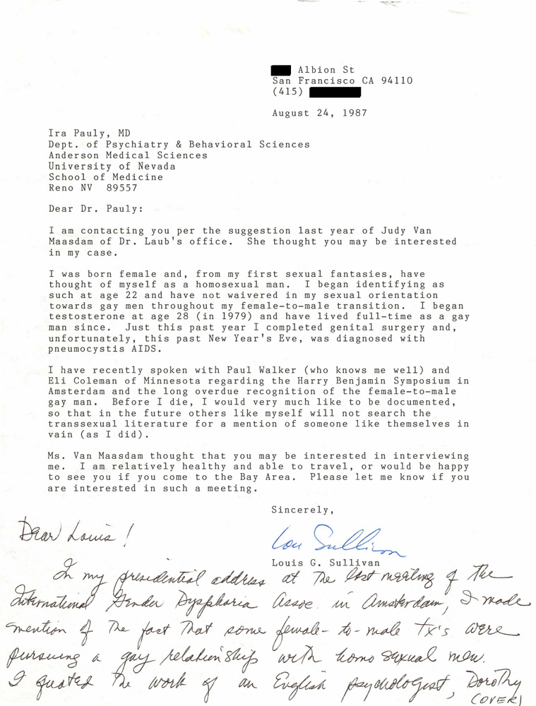 Download the full-sized PDF of Correspondence from Lou Sullivan to Ira Pauly (August 24, 1987)