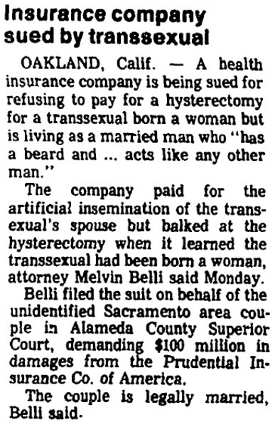 Download the full-sized image of Insurance Company Sued by Transsexual