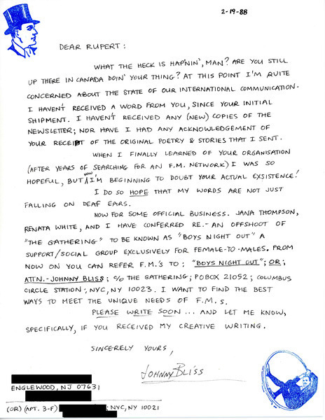 Download the full-sized image of Letter from Johnny Bliss to Rupert Raj (February 19, 1988)