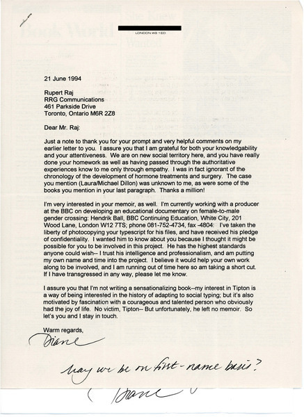 Download the full-sized image of Letter from Diane Middlebrook to Rupert Raj (June 21, 1994)