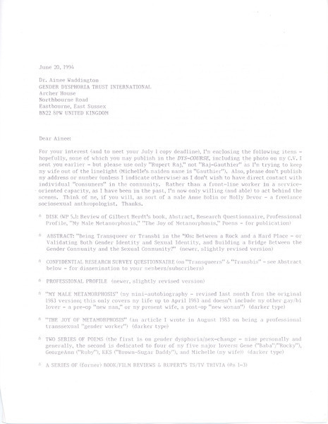 Download the full-sized image of Letter from Rupert Raj to Dr. Aimee Waddington (June 28, 1994)