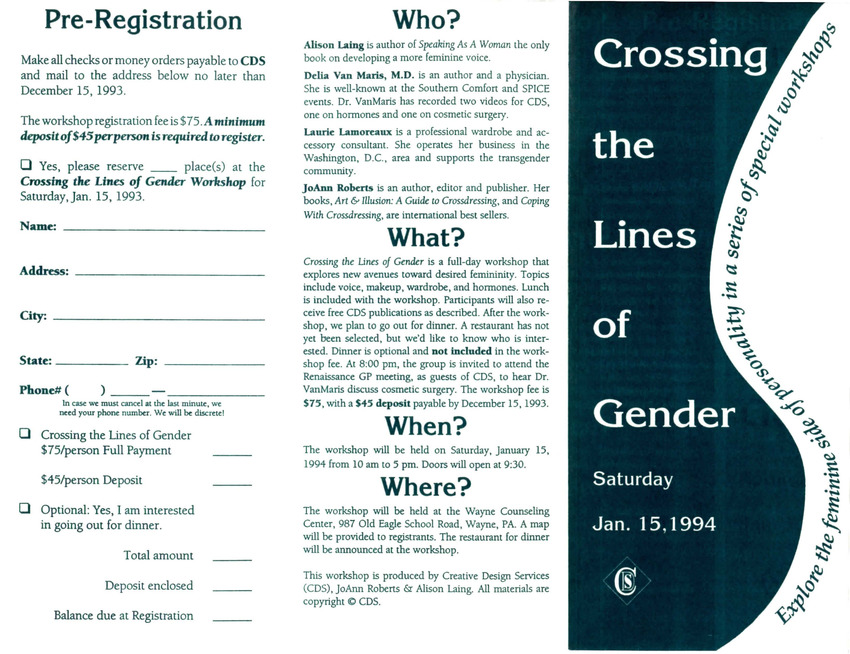 Download the full-sized PDF of Brochure for Crossing the Lines of Gender (Jan. 15, 1994)