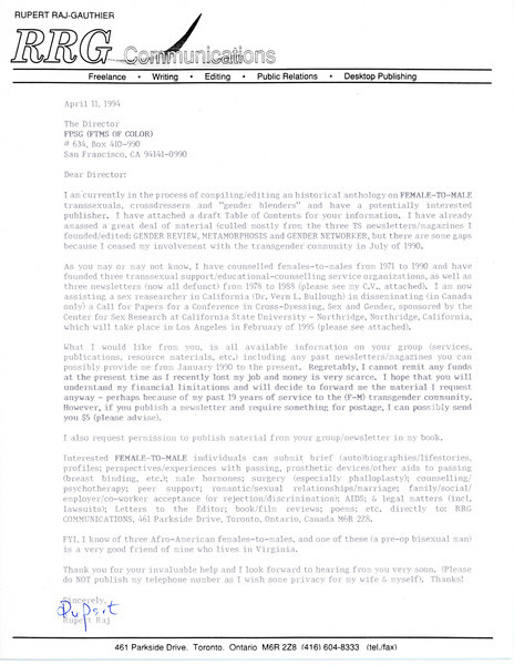 Download the full-sized image of Letter from Rupert Raj to the Director of FPSG (FtMs of Color) (April 11, 1994)
