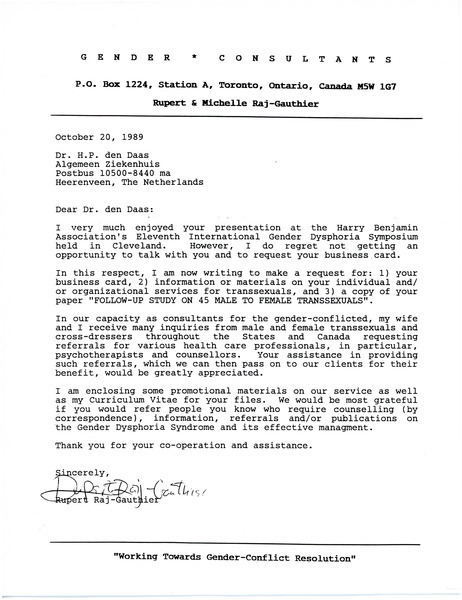 Download the full-sized image of Letter from Rupert Raj to Dr. H.P. den Daas (October 20, 1989)