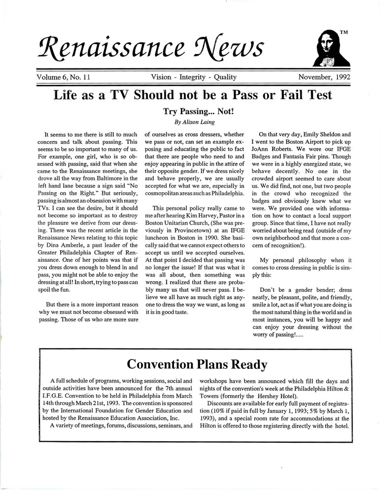 Download the full-sized PDF of Renaissance News, Vol. 6 No. 11 (November 1992)