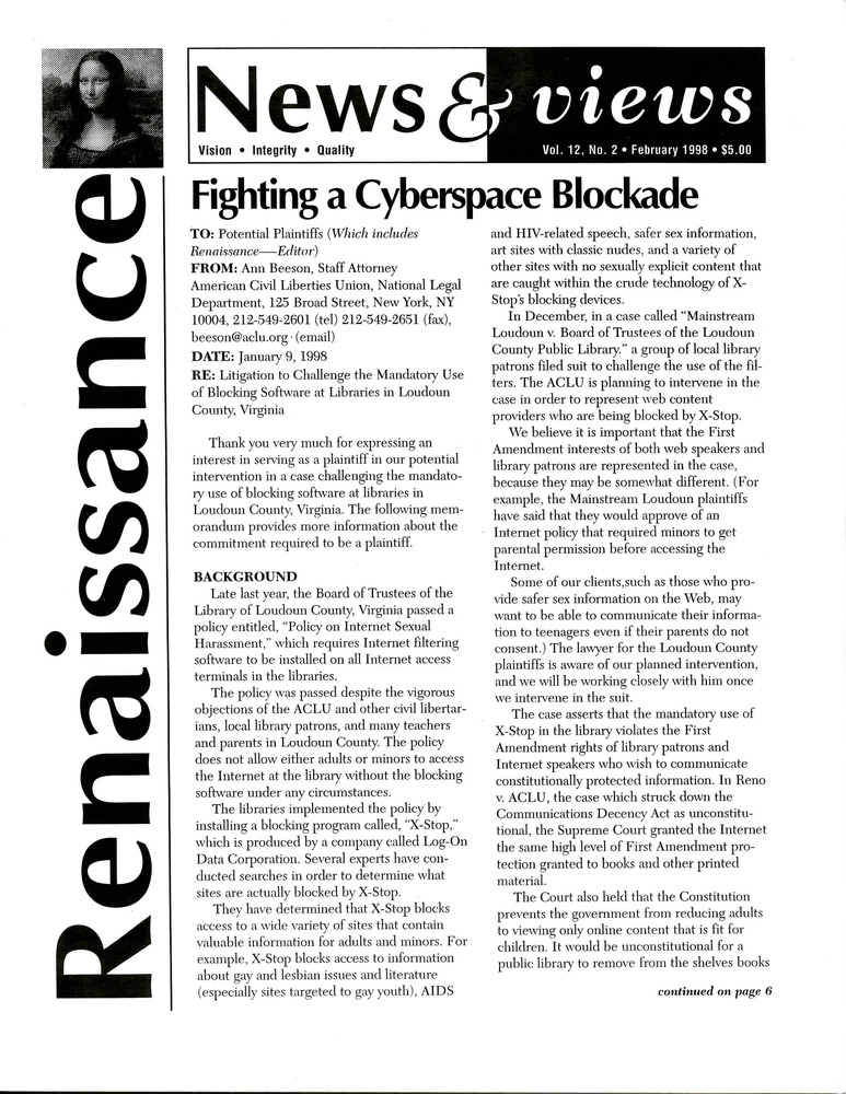 Download the full-sized PDF of Renaissance News & Views, Vol. 12 No. 2 (February 1998)