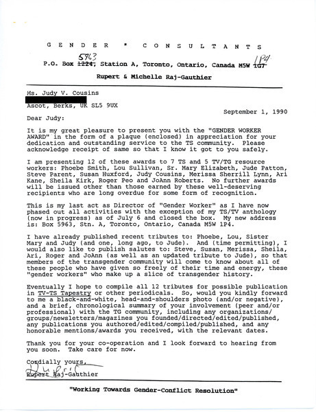 Download the full-sized image of Letter from Rupert Raj to Judy V. Cousins (September 1, 1990)