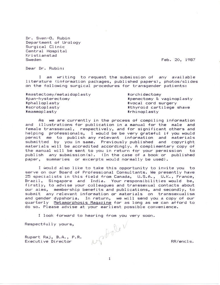 Download the full-sized PDF of Letter from Rupert Raj to Dr. Sven-O. Rubin (February 20, 1987)