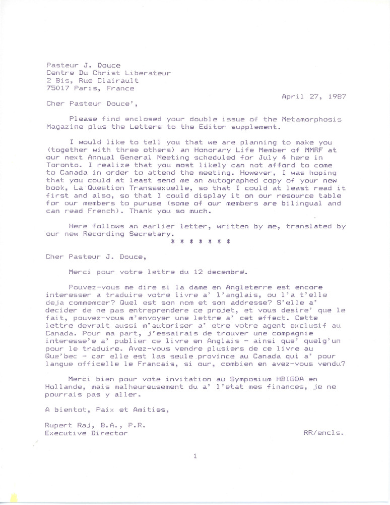 Download the full-sized PDF of Letter from Rupert Raj to Pasteur J. Doucé (April 27, 1987)