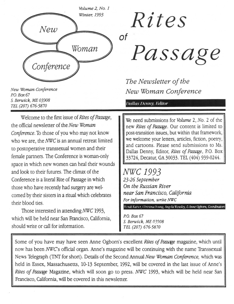 Download the full-sized PDF of Rites of Passage: The Newsletter of the New Woman Conference, Vol. 2 No. 1 (Winter,1993) 