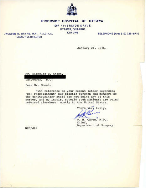 Download the full-sized image of Letter from Dr. W. H. Caven to Rupert Raj (January 21, 1976)