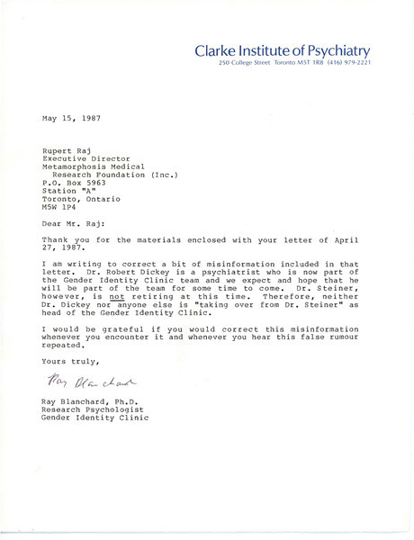 Download the full-sized image of Letter from Ray Blanchard to Rupert Raj (May 15, 1987)