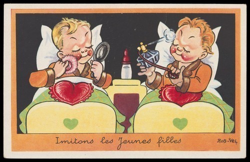 Download the full-sized image of Two young boys in single beds applying make-up and perfume to themselves. Colour process print after Rob-Vel, 193-.