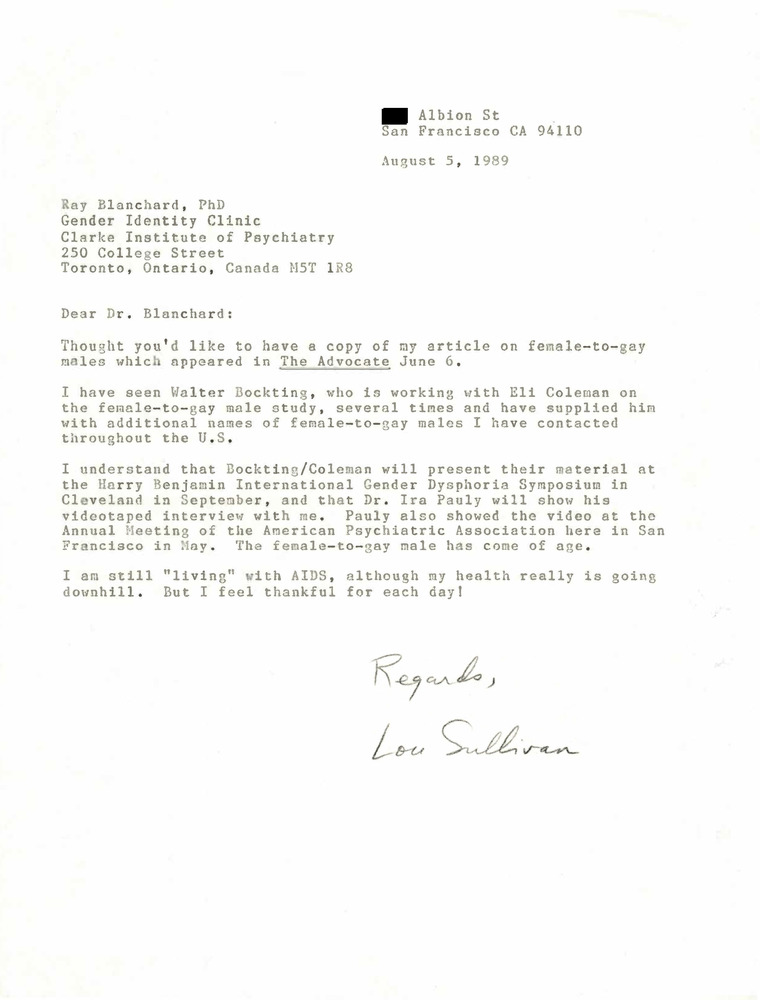Download the full-sized PDF of Correspondence from Lou Sullivan to Ray Blanchard (August 5, 1989)