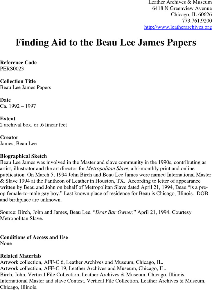 Download the full-sized PDF of Finding Aid to the Beau Lee James Papers