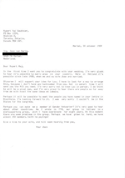 Download the full-sized image of Letter from Jean Van Aarle to Rupert Raj (October 30, 1989)