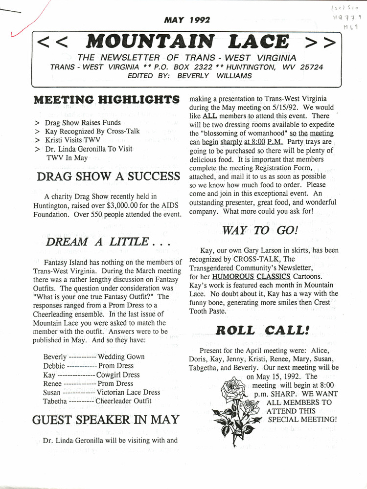 Download the full-sized PDF of Mountain Lace: The Newsletter of Trans - West Virginia (May, 1992)