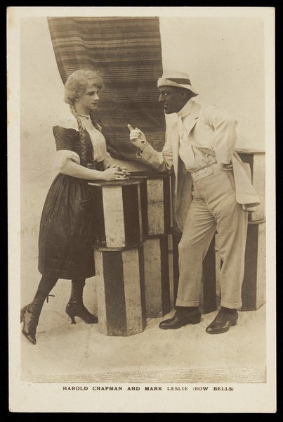 Download the full-sized image of Harold Chapman and Mark Leslie performing a revue for the Bow Bells. Photographic postcard, 191-.