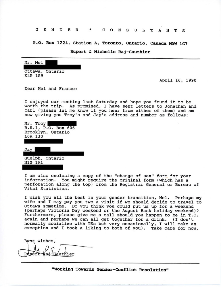 Download the full-sized PDF of Letter from Rupert Raj to Mel and France (April 16, 1990)