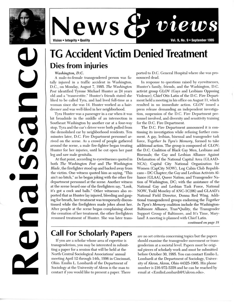 Download the full-sized PDF of Renaissance News & Views, Vol. 9 No. 9 (September 1995)