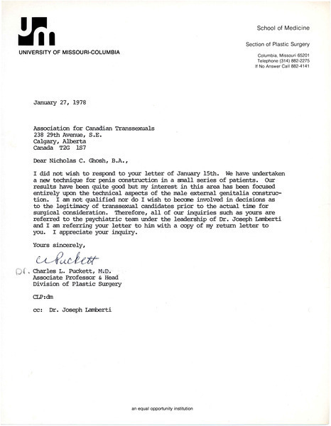 Download the full-sized image of Letter from Charles Puckett to Rupert Raj (January 27, 1978)