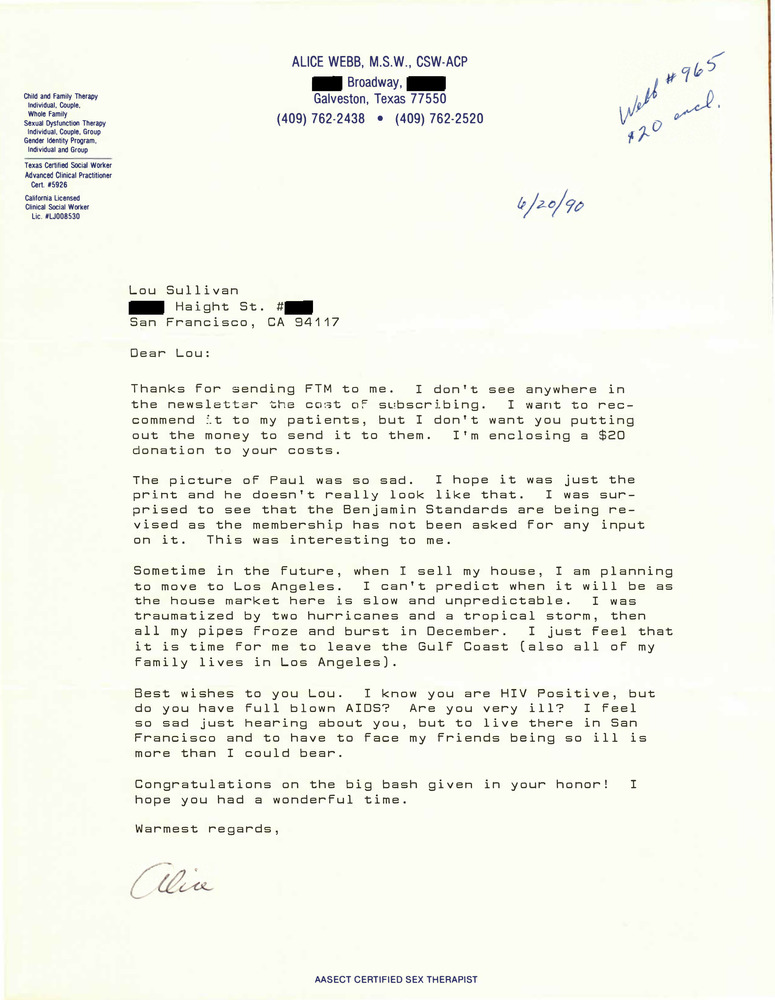 Download the full-sized PDF of Correspondence from Alice Webb to Lou Sullivan (June 20, 1990)