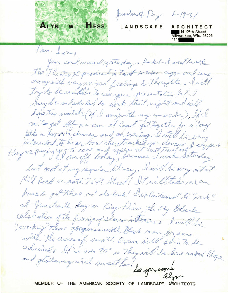 Download the full-sized PDF of Correspondence from Alyn Hess to Lou Sullivan (June 19, 1987)