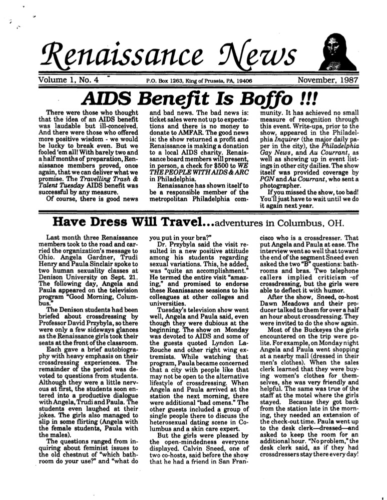 Download the full-sized PDF of Renaissance News, Vol. 1 No. 4 (November 1987)