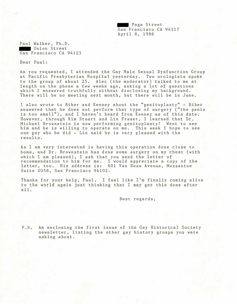 Download the full-sized PDF of Correspondence from Lou Sullivan to Paul Walker (April 8, 1986)