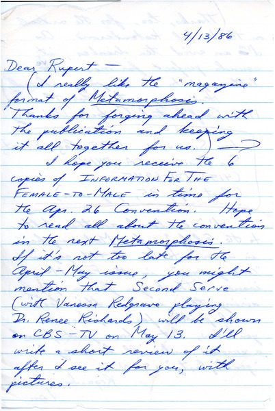 Download the full-sized image of Letter from Lou Sullivan to Rupert Raj (April 13, 1986)