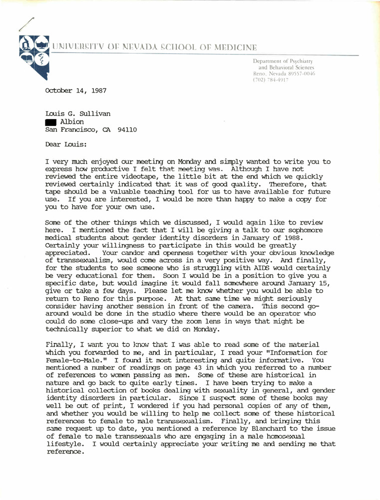 Download the full-sized PDF of Correspondence from Ira Pauly to Lou Sullivan (October 14, 1987)