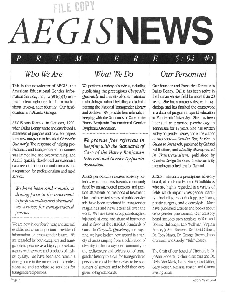 Download the full-sized PDF of AEGIS News, No. 1 (May, 1994)