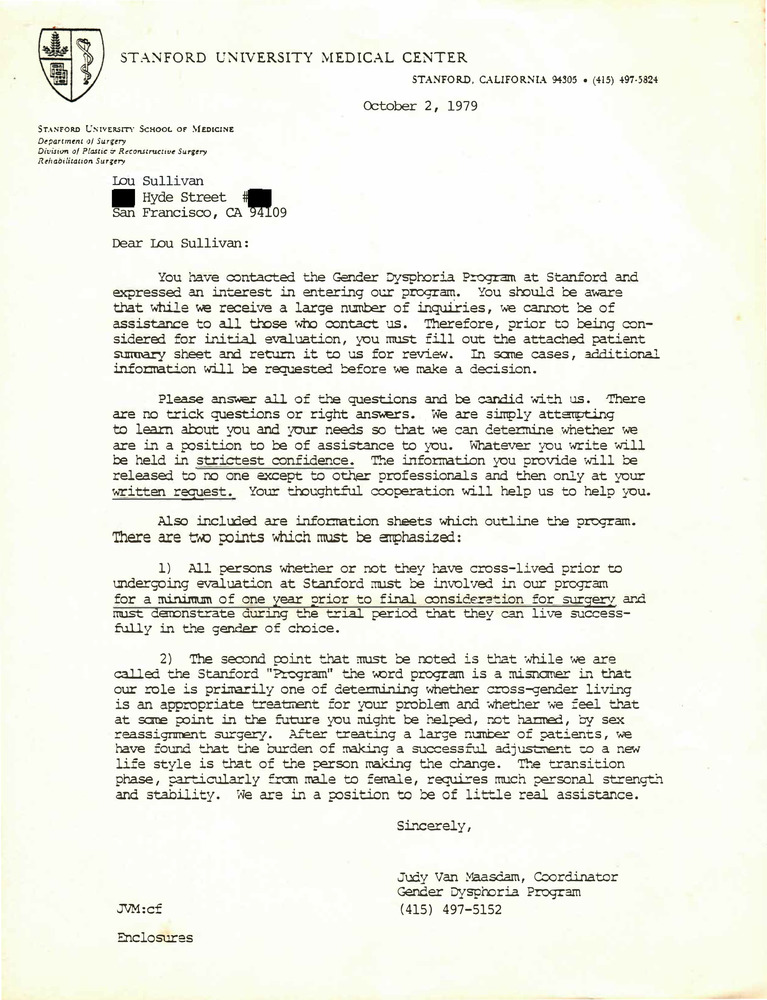 Download the full-sized PDF of Correspondence from Judy Van Maasdam to Lou Sullivan (October 2, 1979)